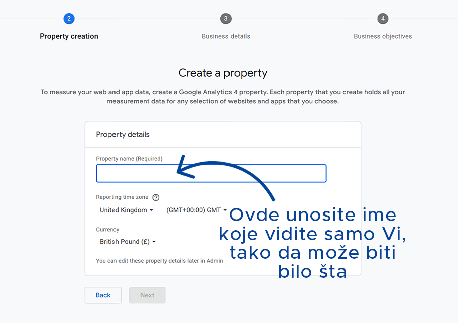 Unos imena property-a u Google Analytics-u, koji predstavlja specifičnu web lokaciju ili aplikaciju za praćenje podataka.
