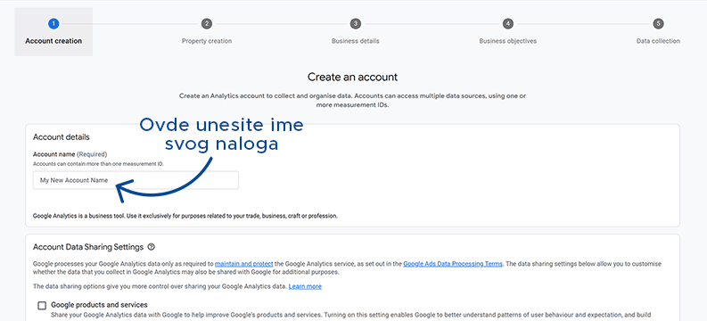 Unos imena naloga u Google Analytics-u prilikom postavljanja novog naloga za praćenje sajta.