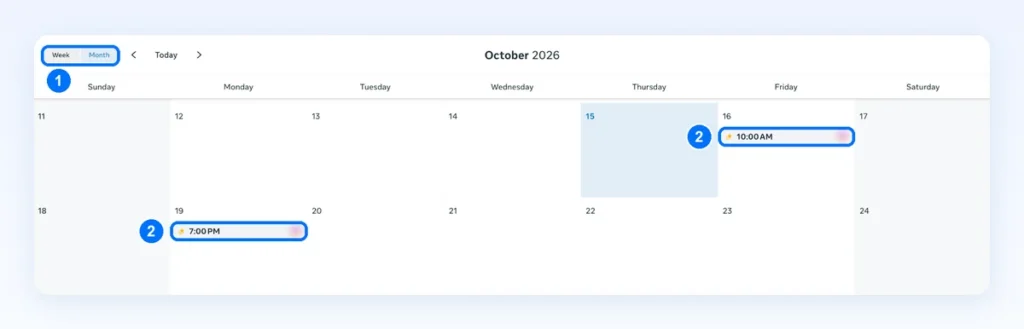 Mesečni planer u Meta Business Suite-u sa prekidačem Week/Month i predloženim terminima za objavu